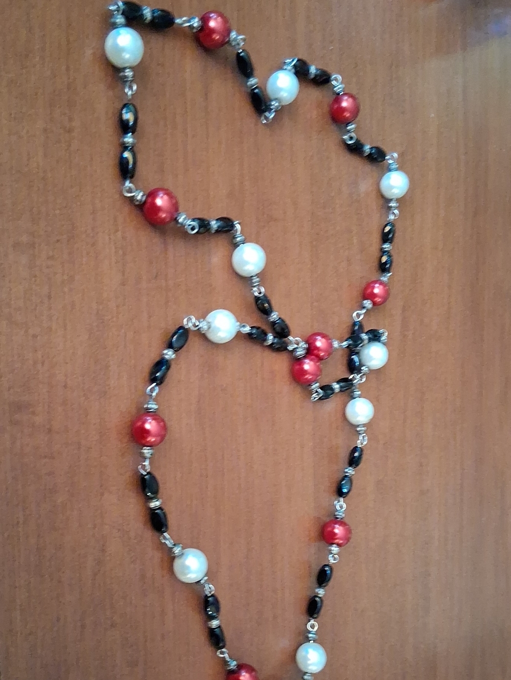 Long Women’s Multi-Bead Necklace – Red, White & Black Trendy Slip Over